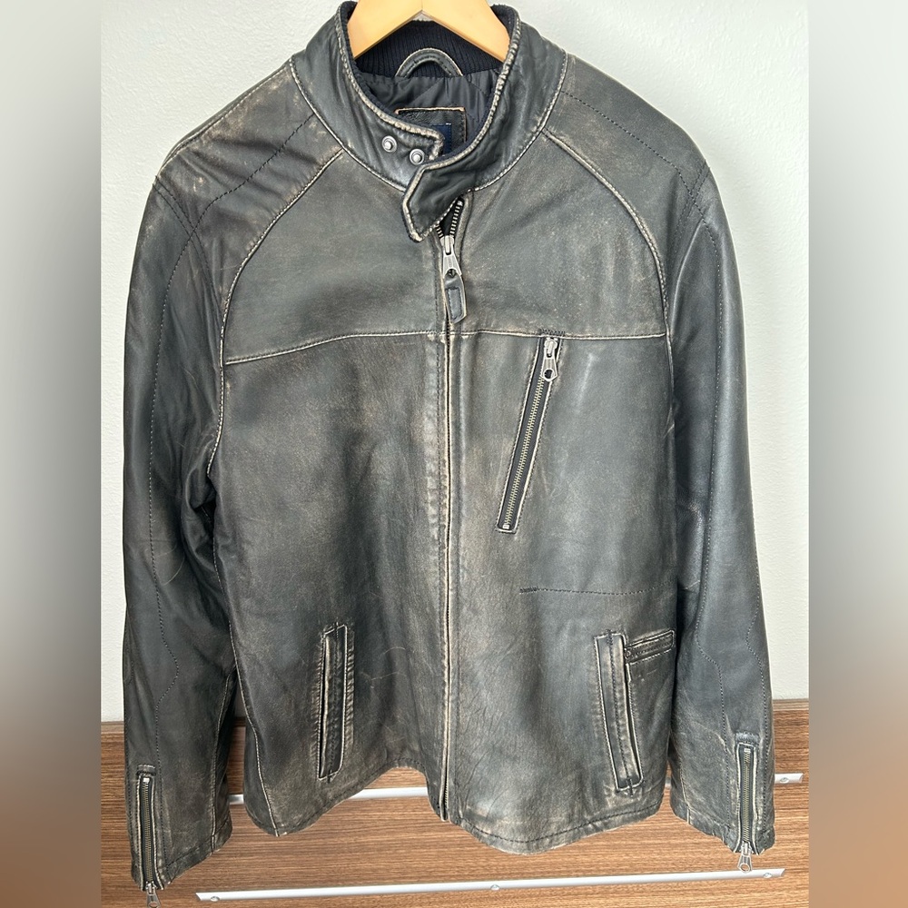 GAP Men's Distressed Black Leather Bomber Jacket